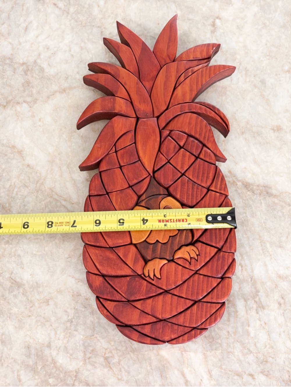 Handcrafted Intarsia Pineapple And Owl Wood Art Wall Plaque Vintage Kitschy - Picture 8 of 10